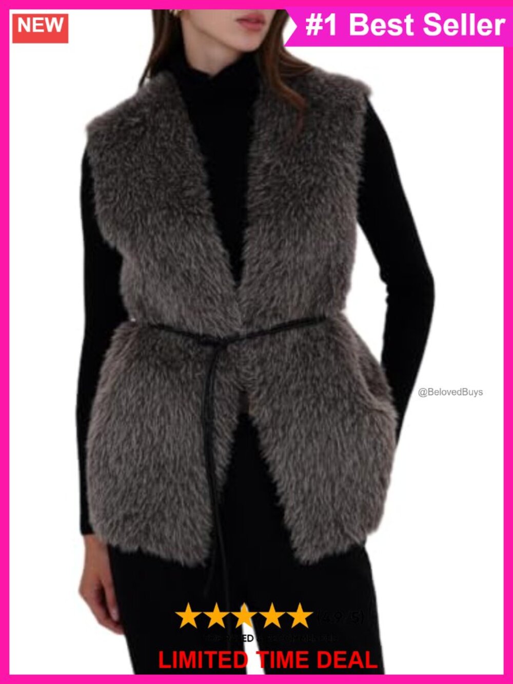 Faux Fur Vest Sleeveless Fuzzy Jacket with Belt